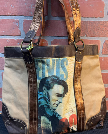 CANVAS TWO TONE BROWN TOTE WITH ELVIS 13"X4.5"X17"