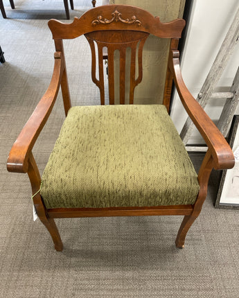 ACCENT WOOD ARM CHAIR w/ 2 WHEELS, GREEN FABRIC SEAT