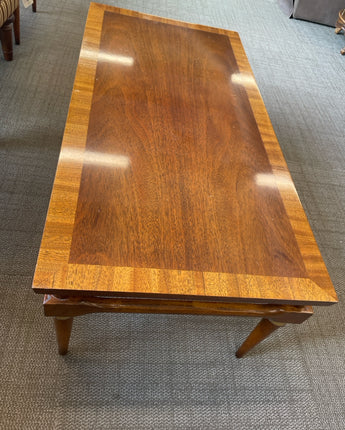 LANE, MCM, CHERRY WOOD COFFEE TABLE w/ INLAY, GOLD DETAIL ON LEGS