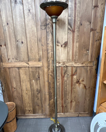 BRASS FLUTE COLUMN FLOOR LAMP WITH AMBER GLASS GLOBE 70"X12.5"X12.5"