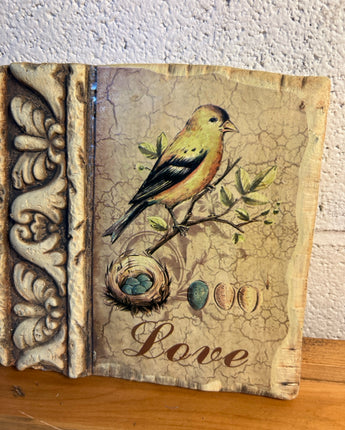 PLASTER WALL TILE DISTRESSED WALL DECOR WITH YELLOW BIRD "LOVE"