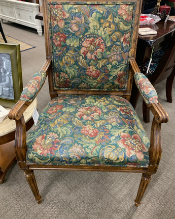 SIDE CHAIR GREEN RUST CREAM FLORAL TAPESTRY PATTERN WOOD FRAME