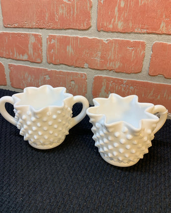 CREAM AND SUGAR SET, HOB NAIL MILK GLASS    KB