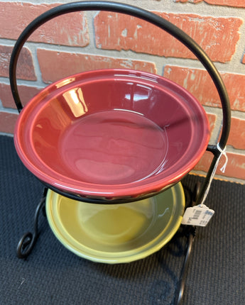 LONGABERGER 2 TIER IRON BOWL HOLDER W/A BURGUNDY & AN OLIVE BOWL