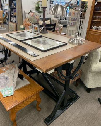 VINTAGE ARCHITECT DESK, SOLID WOOD TOP, IRON/WOOD BASE PAINTED BLACK