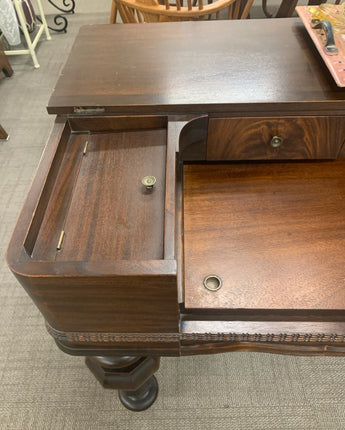 ANTIQUE DESK 2 POCKET DOORS ORNATE LEGS STAIN DARK BROWN