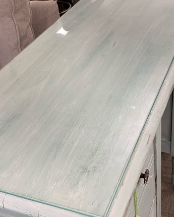 DESK 4 DRAWERS GLASS TOP PAINTED DUCK EGG BLUE/WHITE WAX 42" W X 17" L X 30" H