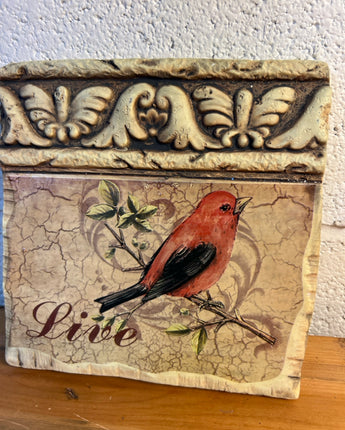 PLASTER WALL TILE DISTRESSED WALL DECOR WITH RED BIRD "LIVE"