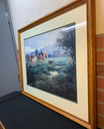 NATURAL WOOD FRAME BOY RIDING A  HORSE & A COLLIE 21"X33"