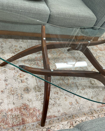 MCM COFFEE TABLE, SOLID WOOD BASE w/ GLASS TOP