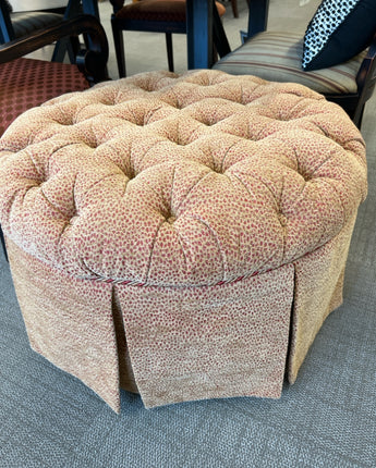 RUST COLORED, LEOPARD PRINT TUFTED & SKIRTED OTTOMAN