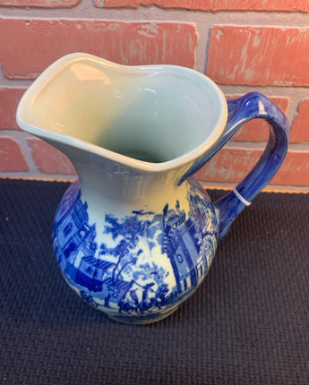 VINTAGE VICTORIA IRONSTONE PITCHER BEIGE/CREAM W/BLUE TOWN SCENE