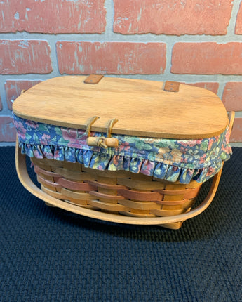 LONGABERGER BROWN HINGED PURSE WITH LEATHER ACCENT FLORAL LINER 6"X6.5"X11"