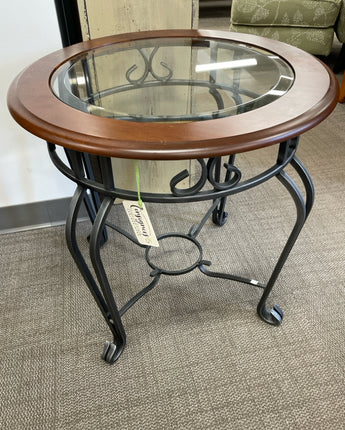 WOOD, METAL BASE, GLASS TOP, ROUND END TABLE