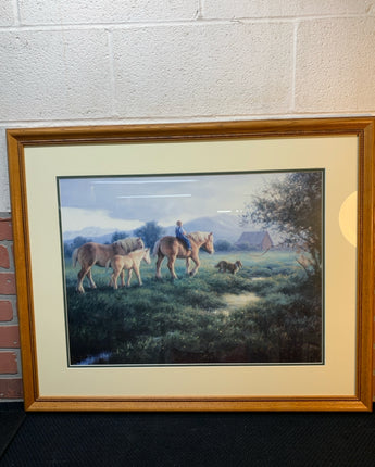 NATURAL WOOD FRAME BOY RIDING A  HORSE & A COLLIE 21"X33"