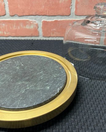 CHEESE PLATTER REMOVABLE GREEN MARBLE ON BRASS WITH DOME LID