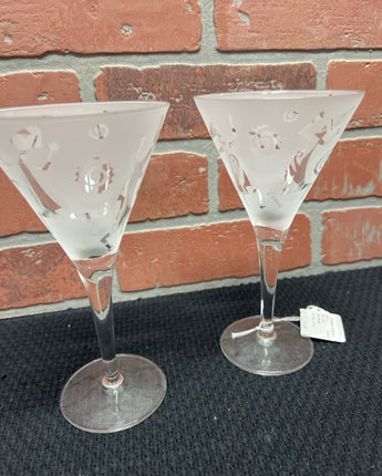 L. DRUMM, 1998 SIGNED, ETCHED MARTINI GLASSES