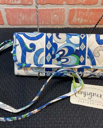 VERA BRADLEY WHITE WITH BLUE GRAY & GREEN DESIGN CROSSBODY WALLET 4"X9"