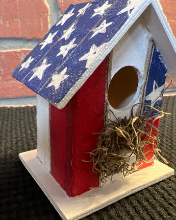 PATRIOTIC WOOD BIRDHOUSE RED WHITE & BLUE FRONT WITH NAVY  ROOF & WHITE STARS