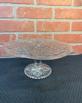 GLASS PEDESTAL CAKE HOLDER EMBOSSED FLOWERS 4.5"X10"X10"