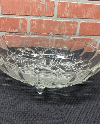 VINTAGE GLASS OBLONG BOWL WITH 4 LEGS & EMBOSSED LEAVES & GRAPES 4.5"X8.5"X12"