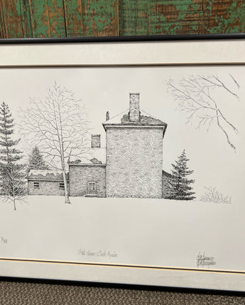 20X14 BLACK FRAME, WHITE MAT SIGNED BY BILL BARRYMAN PEN & INK FIRST SNOW SKETCH