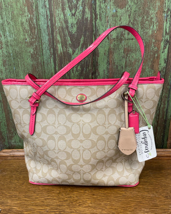 COACH L1332-F27348 BROWN SIGNATURE HANDBAG W/PINK ACCENT