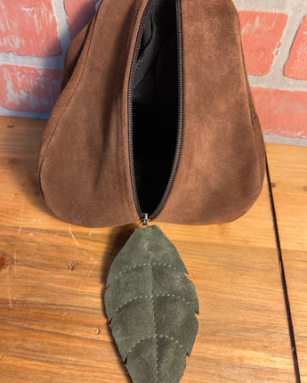 BROWN SUEDE PEAR WITH GREEN SUEDE LEAF & LEATHER STRAP