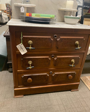 VICTORIAN BATH CHEST WALNUT  WOOD WHITE MARBLE TOP 3 DRAWERS