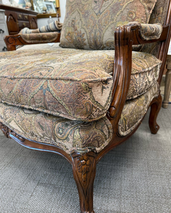 BROWN PAISLEY PATTERN CHAIR, ORNATE CARVED WOOD DETAIL