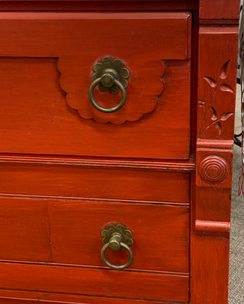 WOOD DRESSER, PAINTED RED w/ MARBLE TOP, 3 DRAWERS