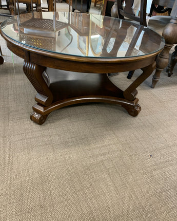 COFFEE TABLE ROUND DARK WOOD WITH SHELF AND GLASS ON TOP