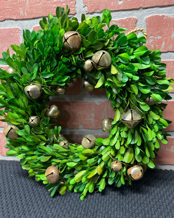 BOX WOOD WREATH WITH GOLD DISTRESSED BELLS