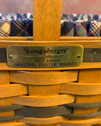 LONGABERGER BROWN MARKET BASKET WITH NAVY ACCENT & PLAID LINER 12.45"X9.5"X16"