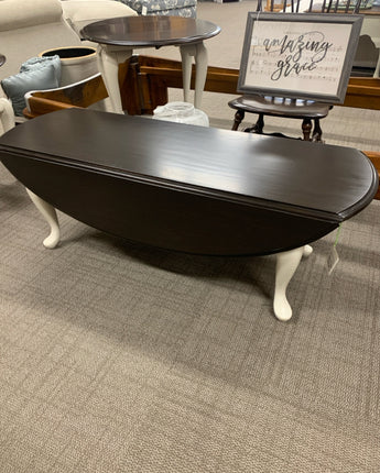 PAINTED SOLID OAK OVAL COFFEE TABLEDROP LEAF, GEL DARK STAINED TOP, WHITE BOTTOM