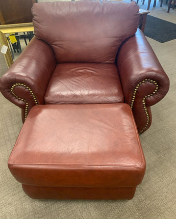 CHAIR RED LEATHER ITALIAN WITH NAILHEADS AND OTTOMAN 36" W X 42" L X 34.5" H