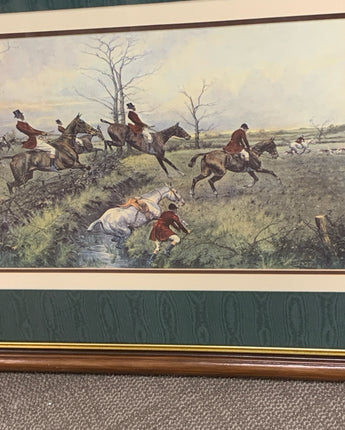 VINTAGE GEORGE WRIGHT HUNT GREEN MATTE BROWN FRAME FOX HUNT SCENE