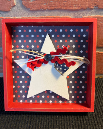RED WOOD SHADOW BOX WITH WHITE STAR & NAVY POLKA DOT BACKGROUND
