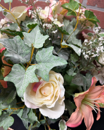 OVAL METAL & WICKER PLANTER WITH PINK ROSES 17"X13"X13"