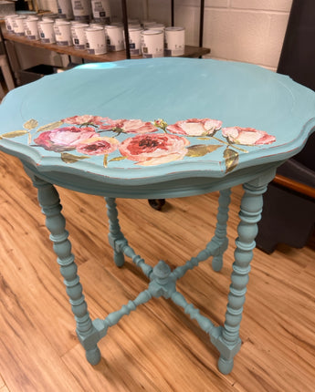 SIDE TABLE, ANNIE SLOAN CHALK PAINTED IN PROVENCE /IOD FLORAL DESIGN ON TOP