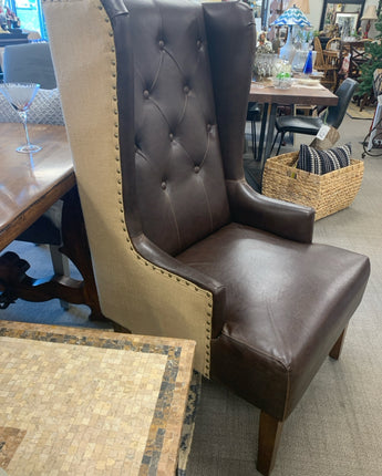 WING BACK ACCENT CHAIR, BROWN FAUX LEATHER, BURLAP BACKSIDE, NAIL HEADS