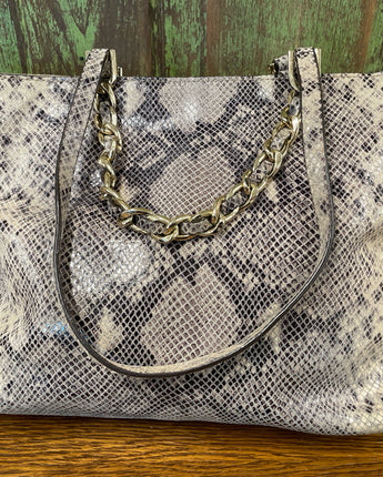 MICHAEL KORS CREAM & GRAY PYTHON EMBOSSED LEATHER TOTE