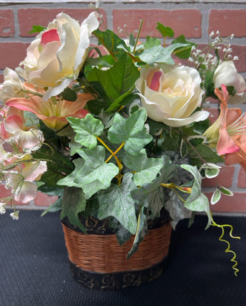 OVAL METAL & WICKER PLANTER WITH PINK ROSES 17"X13"X13"