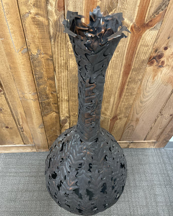 BROWN METAL POPLAR LEAF OPEN CUT FLOOR VASE