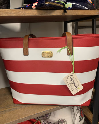 MICHAEL KORS RED & WHITE STRIPE VYNL TOTE W/GREEN SCARF W/SNOWFLAKES