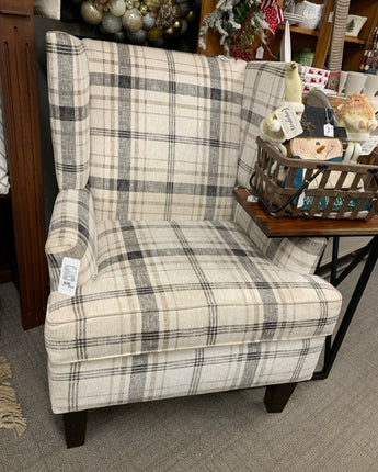 KROEHLER ARM CHAIR BLACK TAN AND WHITE PLAID