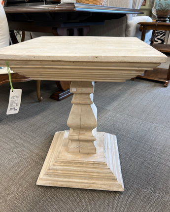 DISTRESSED OFF-WHITE SQUARE TABLE W/PEDESTAL BASE