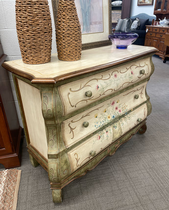 PULASKI CHEST OF DRAWERS w/ BASKET FLORAL DESIGN, GREEN and CREAM, 3 DRAWERS