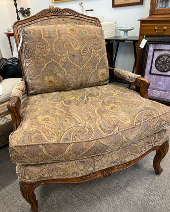 BROWN PAISLEY PATTERN CHAIR, ORNATE CARVED WOOD DETAIL