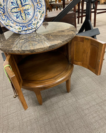 MCM, ROUND SIDE TABLE, MED BROWN WOOD, MARBLE TOP w/ 2 DOORS